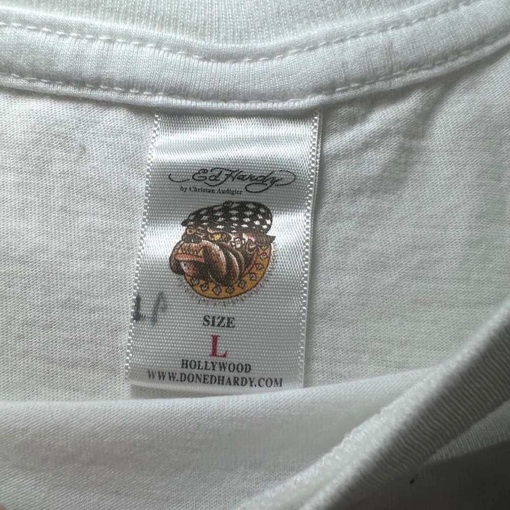 Ed Hardy Christian Audigier Tiger Glitter Graphic Tee White Y2K Women Large - Picture 5 of 6
